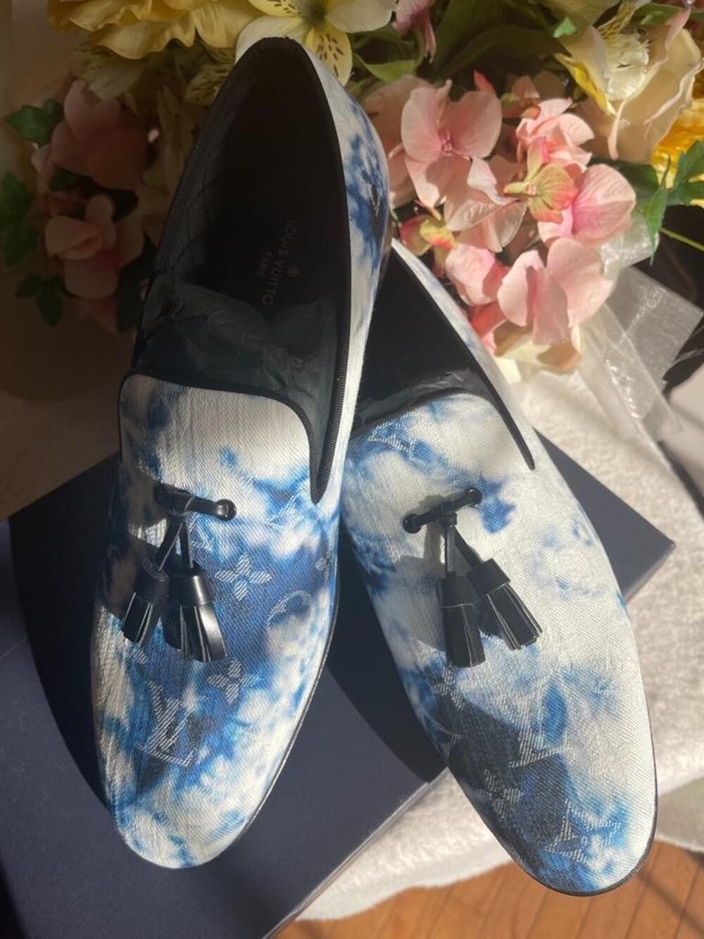 NEW LOUIS VUITTON Monogram Denim Tie Dye Mens Auteuil Slippers 7.5 Blue (800 - Picture 1 of 8